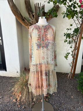 Johnny Was Boho Tiered Floral Dress in Soft Pastels XS